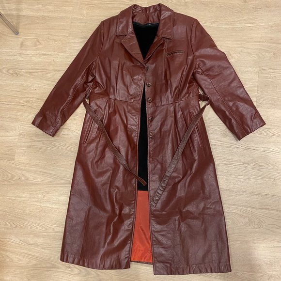 Brown/Burgundy Genuine Leather Trench Coat - Picture 2 of 6